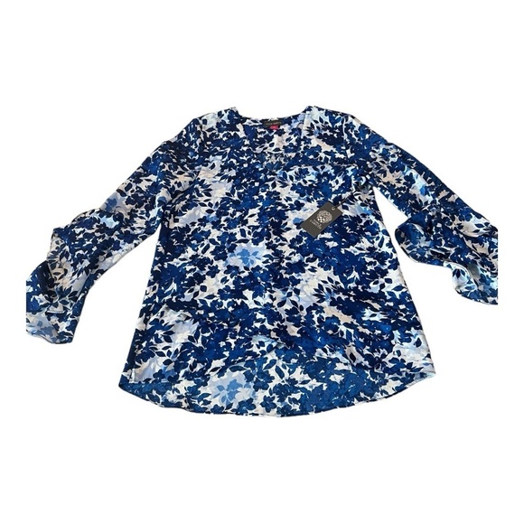 Vince Camuto Flutter Sleeve V-Neck Layered Navy White Leaves Womens Oversized XS - Picture 15 of 16